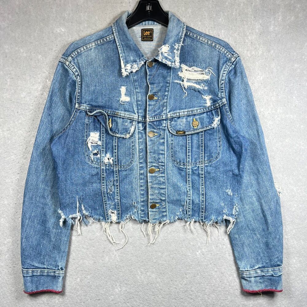Vintage Lee Riders Denim Jacket Women Medium Blue Distressed Cropped Made In USA